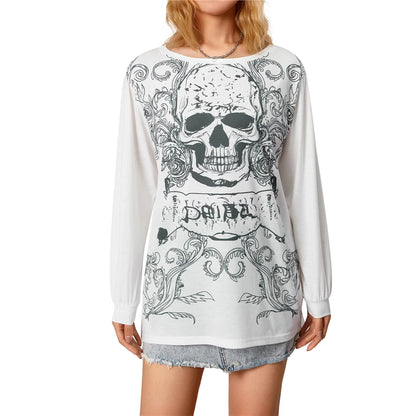 y2k Grunge Aesthetic Gothic Punk T Shirt Graphic Skull Print Long Sleeve Tops Women Clothes E Girl Tee Streetwear