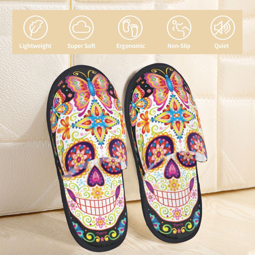 Personalized Mexican Day Of The Dead Skull Comfy Scuff Memory Foam Slippers Women Halloween Bedroom House Shoes