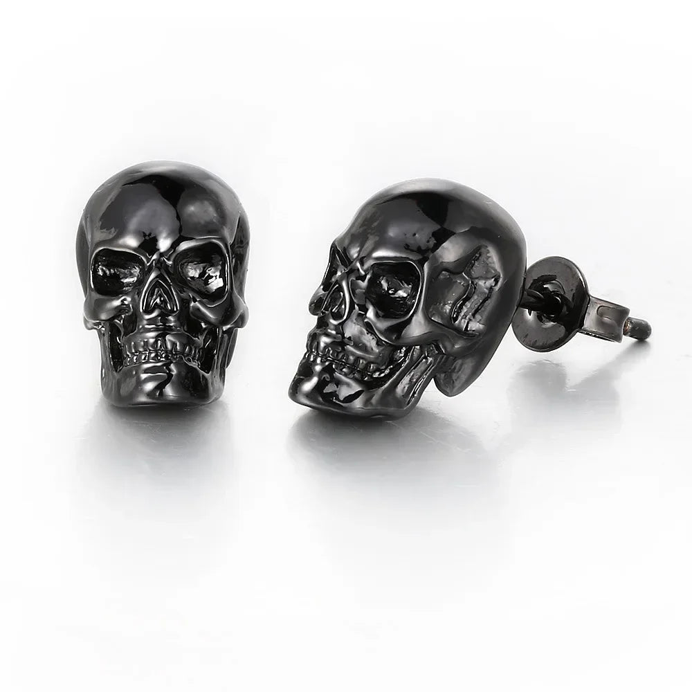 1 Pair Street Hiphop Halloween Punk Skull Piercing Stud Earrings for Men Black Gold Color Ear Accessories Fashion Jewelry