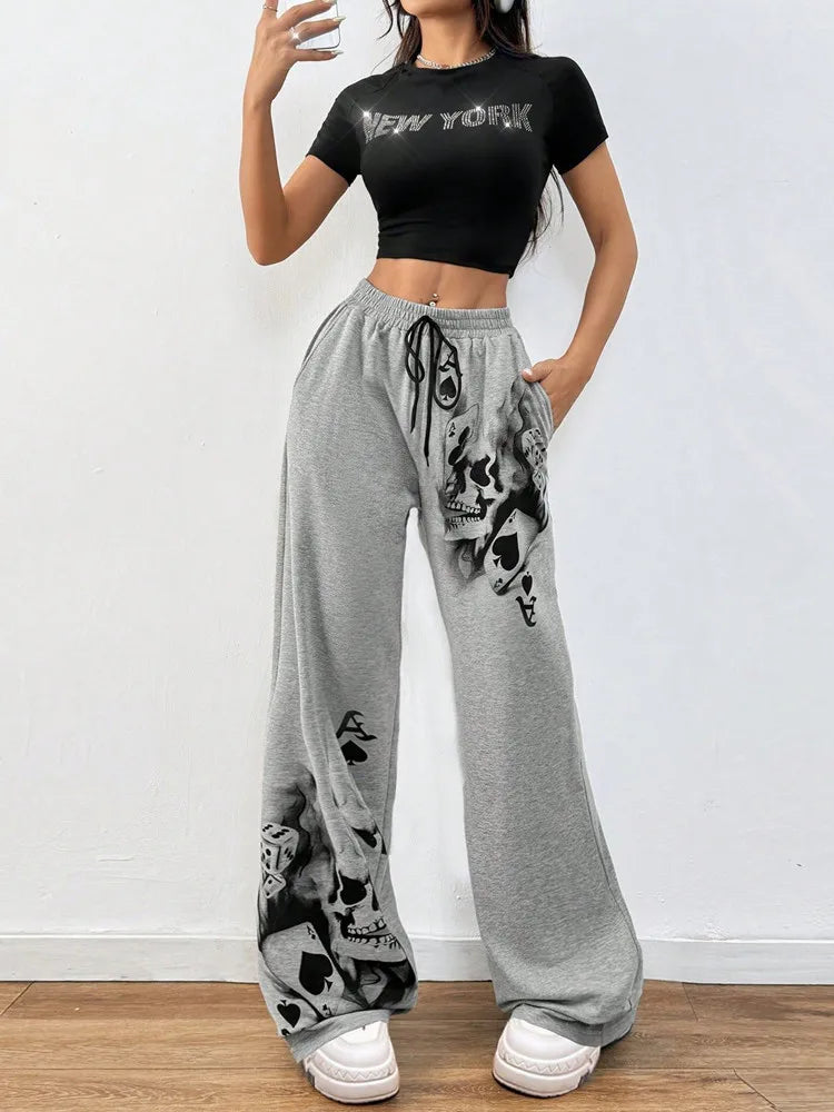 Goth Dark Mall Gothic Drawstring Straight Pants Women Casual Pockets Loose Trousers Skulls Print Streetwear Y2K Sporty Long Pant