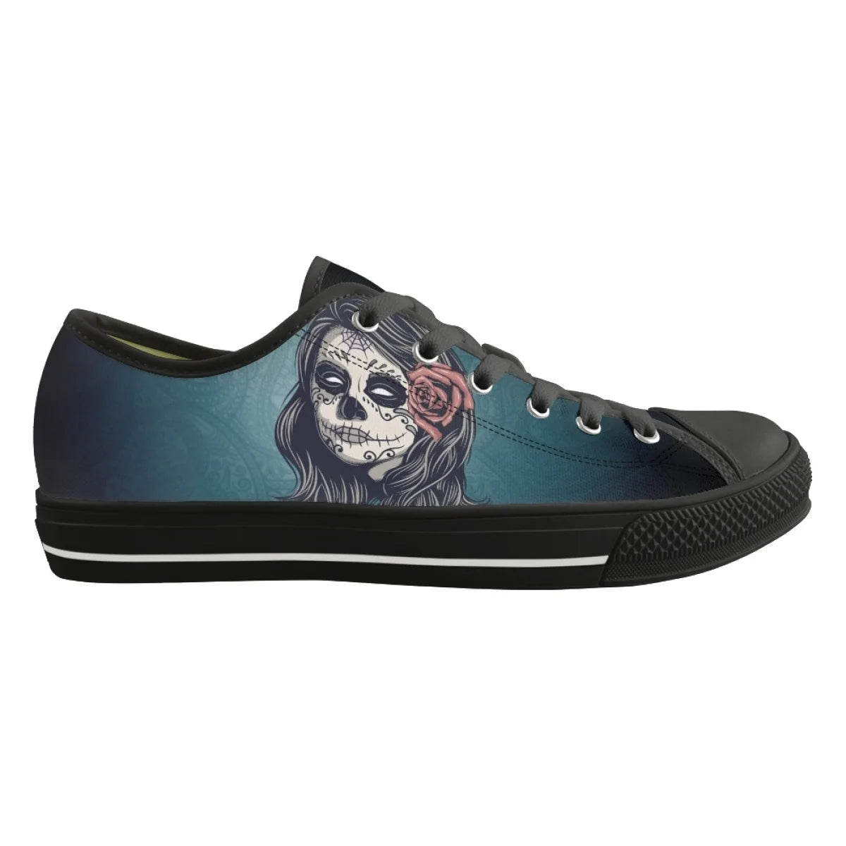 Low Top Canvas Shoes for Women Lace Up Outdoor Sports Shoes Fashion Hot Gothic Skull Pattern Print Vulcanized Casual Flat Shoes