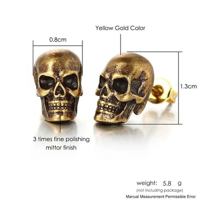 1 Pair Street Hiphop Halloween Punk Skull Piercing Stud Earrings for Men Black Gold Color Ear Accessories Fashion Jewelry