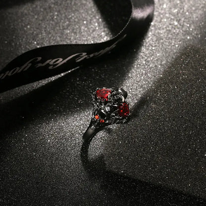 Vintage Cool Fashion Rose Heart Skull Ring for Women Red Crystal Jewelry Accessories Party Gift Ring Trendy Personality Ring