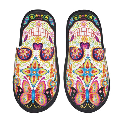 Personalized Mexican Day Of The Dead Skull Comfy Scuff Memory Foam Slippers Women Halloween Bedroom House Shoes