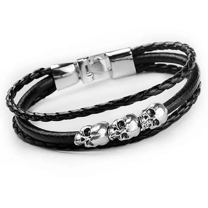 New Vintage Cool Skull Bones Leather Bracelet for Men Punk Rock Gothic Charms Braided Multi-Layer Bracelet Men's Jewelry Gifts