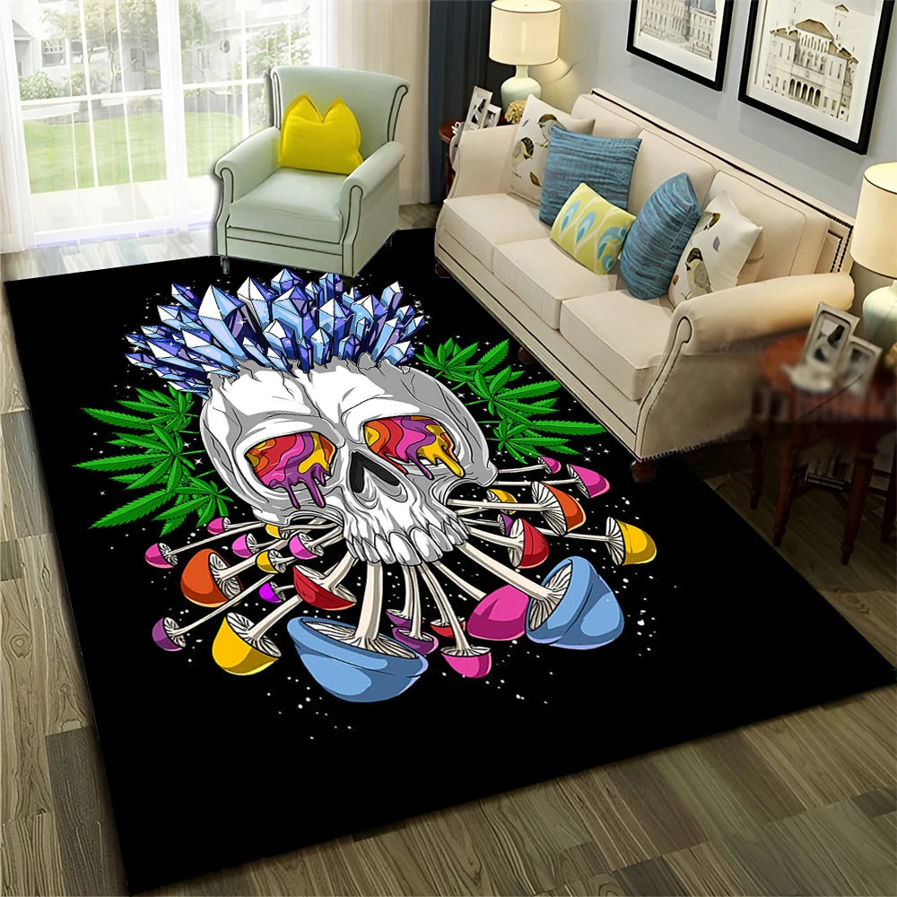 Smoke Maple Weed Plants Green Death Skull Carpet Rug for Home Living Room Bedroom Sofa Doormat Decor,Area Rug Non-slip Floor Mat