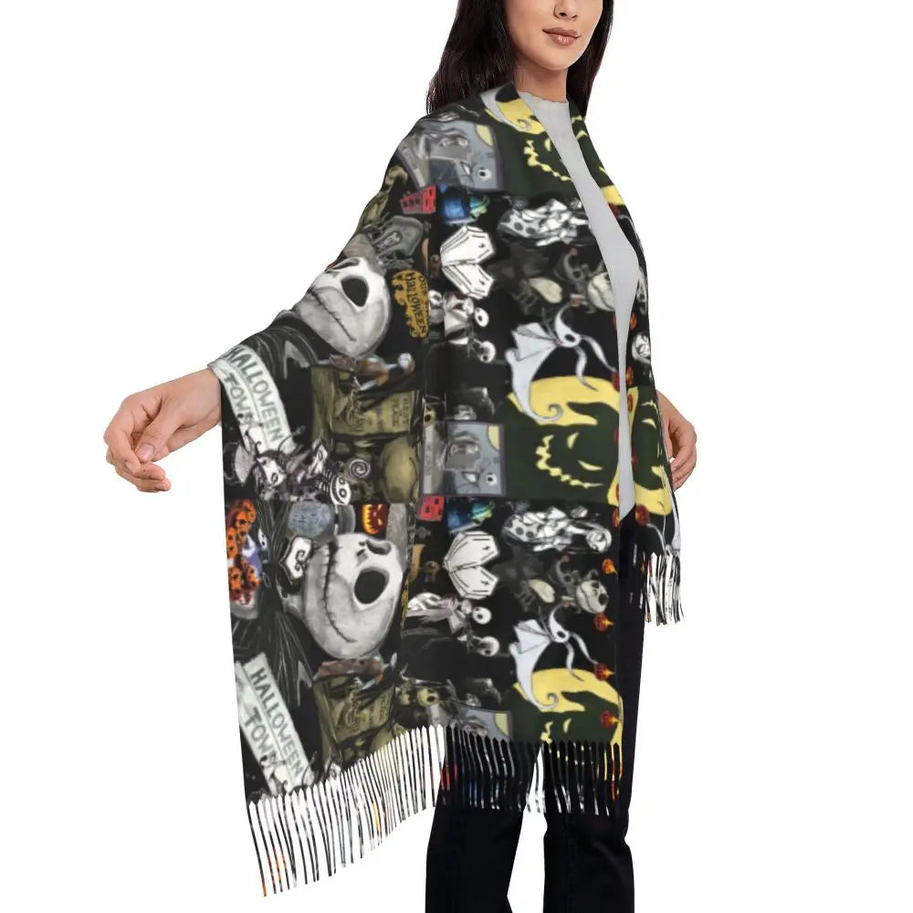 Custom Jack Skellington Sally Tassel Scarf Women Winter Fall Warm Shawls Wraps Ladies The Nightmare Before Christmas Scarves