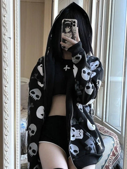 AltGoth Cyberpunk Y2k Sweatshirt Women Mall Goth Harajuku Skull Printed Long Sleeve Zipper Cardigan Hoodie Emo Alt Indie Clothes