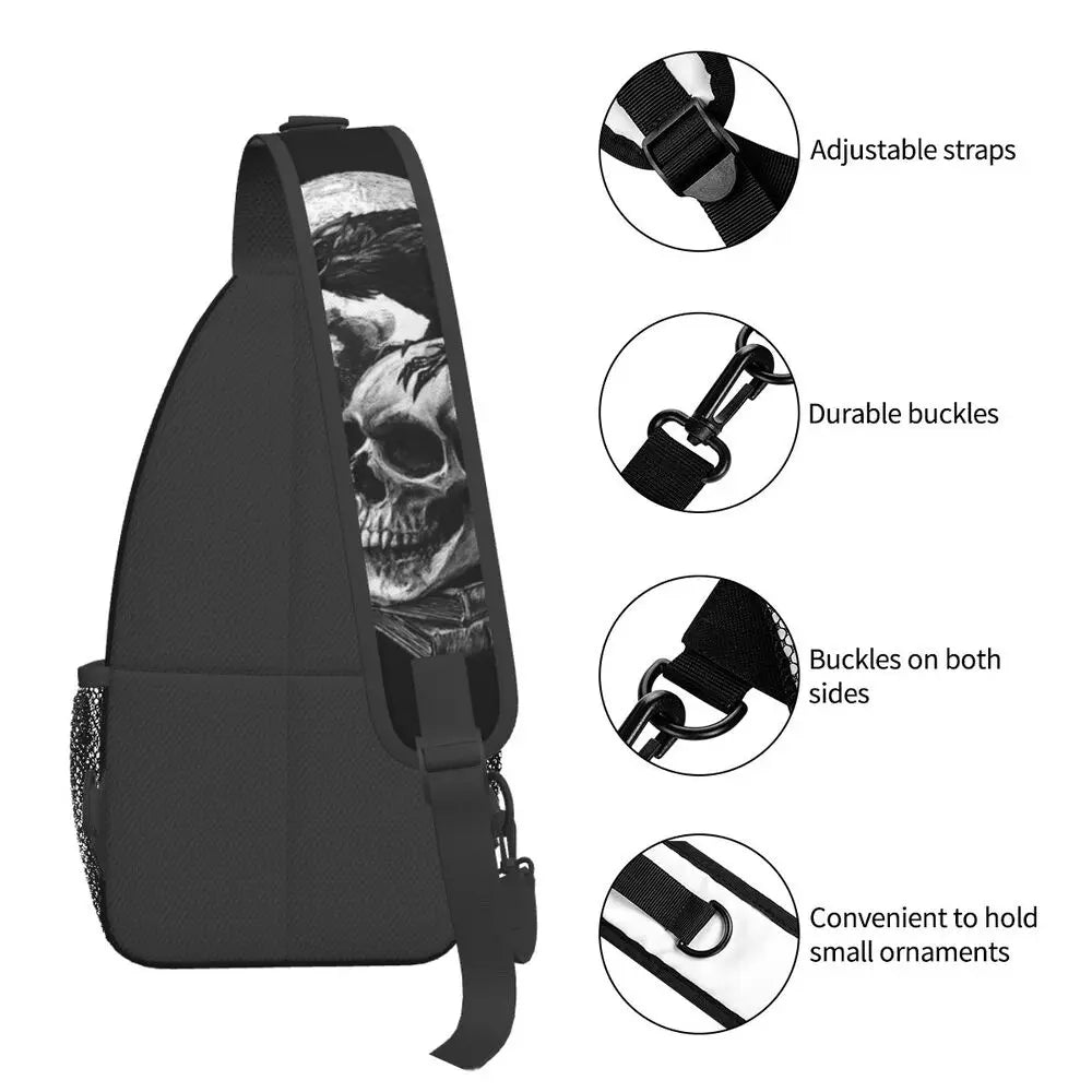 Gothic Skeleton Death Skull Sling Chest Bag Custom Crossbody Shoulder Backpack for Men Cycling Camping Daypack