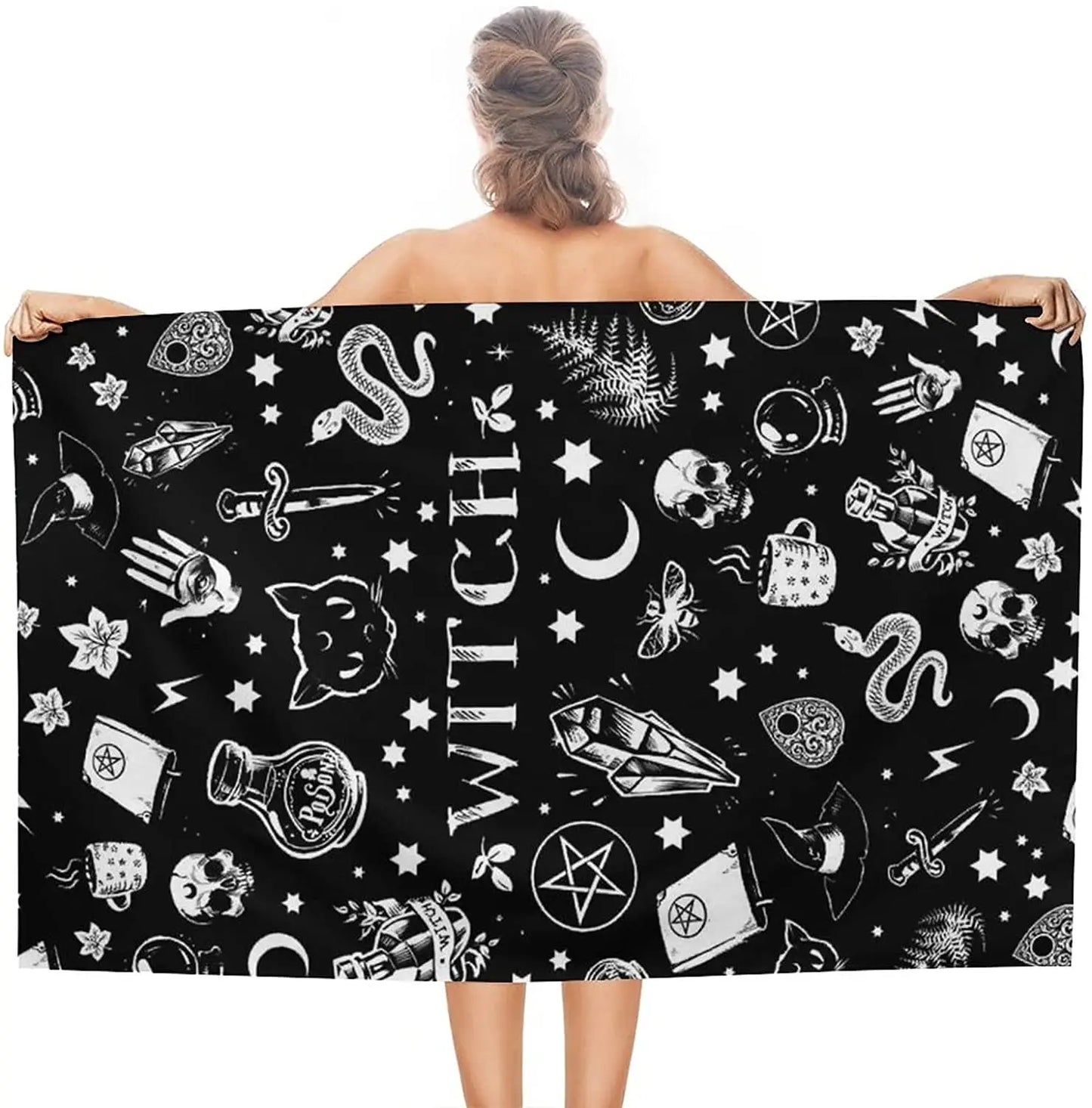 Magical Skull Cat Moon Gothic Pattern Black Beach Towel Bath Pool Camping Travel Towel Quick-Dry Super Absorbent Beach Blanket