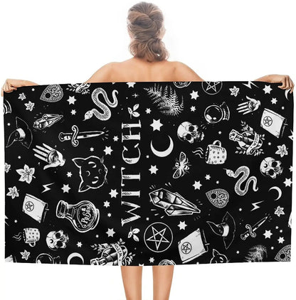 Magical Skull Cat Moon Gothic Pattern Black Beach Towel Bath Pool Camping Travel Towel Quick-Dry Super Absorbent Beach Blanket