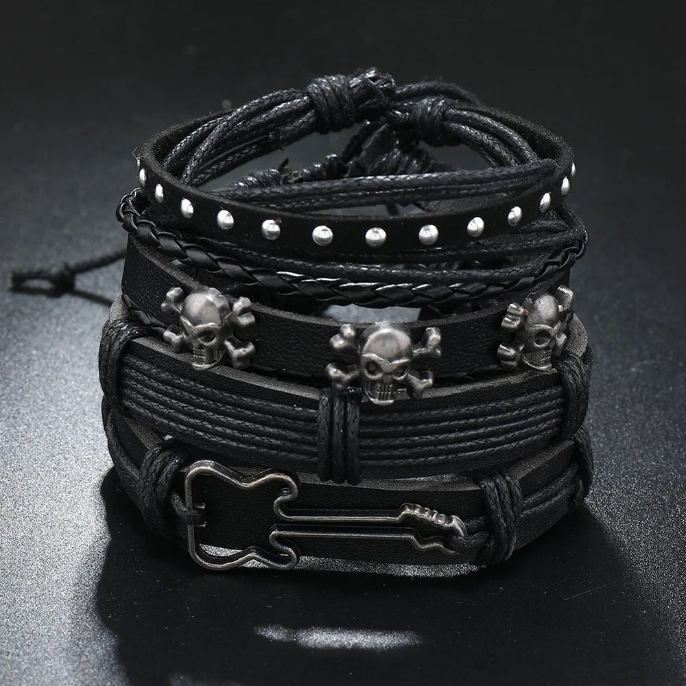 Leather Bracelet For Men New Fashion Accessories Men DIY Leather Bracelet Set Simple Guitar Sound Skull Combination Bracelet