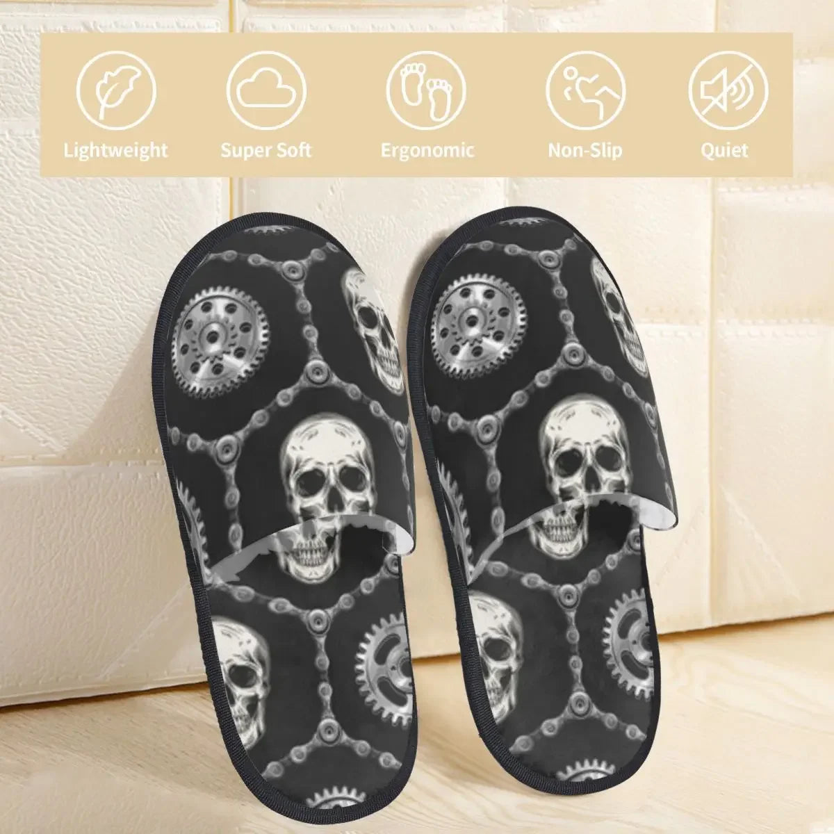 Geometric Hexagonal With Skulls Bike Chains Slipper For Women Men Fluffy Winter Warm Slippers Indoor Slippers