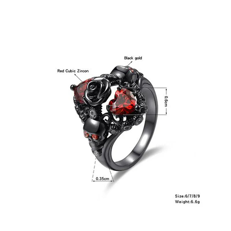 Vintage Cool Fashion Rose Heart Skull Ring for Women Red Crystal Jewelry Accessories Party Gift Ring Trendy Personality Ring