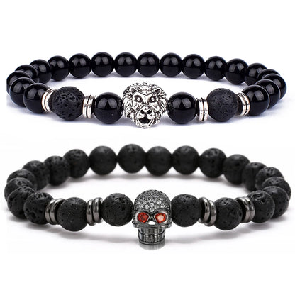 New Couple Black Eye Skull Hematite Bead Bracelet Fashion Classic Handmade Lava Stone Lion Bracelets Punk Jewelry