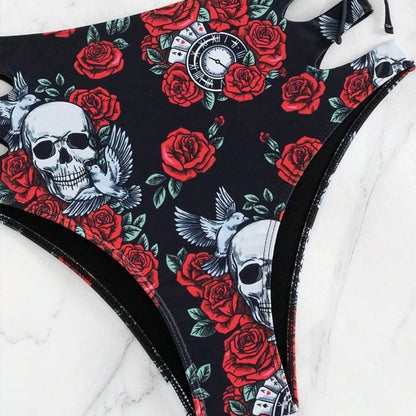 Two-Piece Bikini Swimsuit with Flower Skull, Tight, Ghost Head, Sexy, New