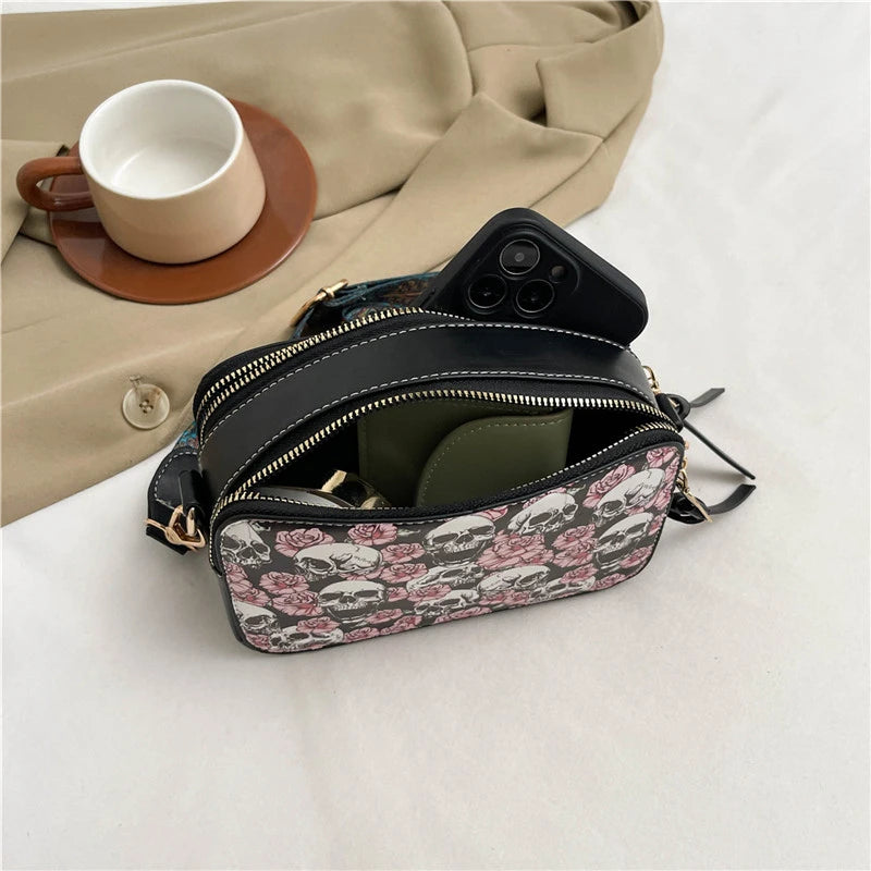 Skull Jack Print Crossbody Bag Wind Lady Shoulder Bag Casual Fashion Phone Purse Mini Bag Female PU Leather Satchel Handbag