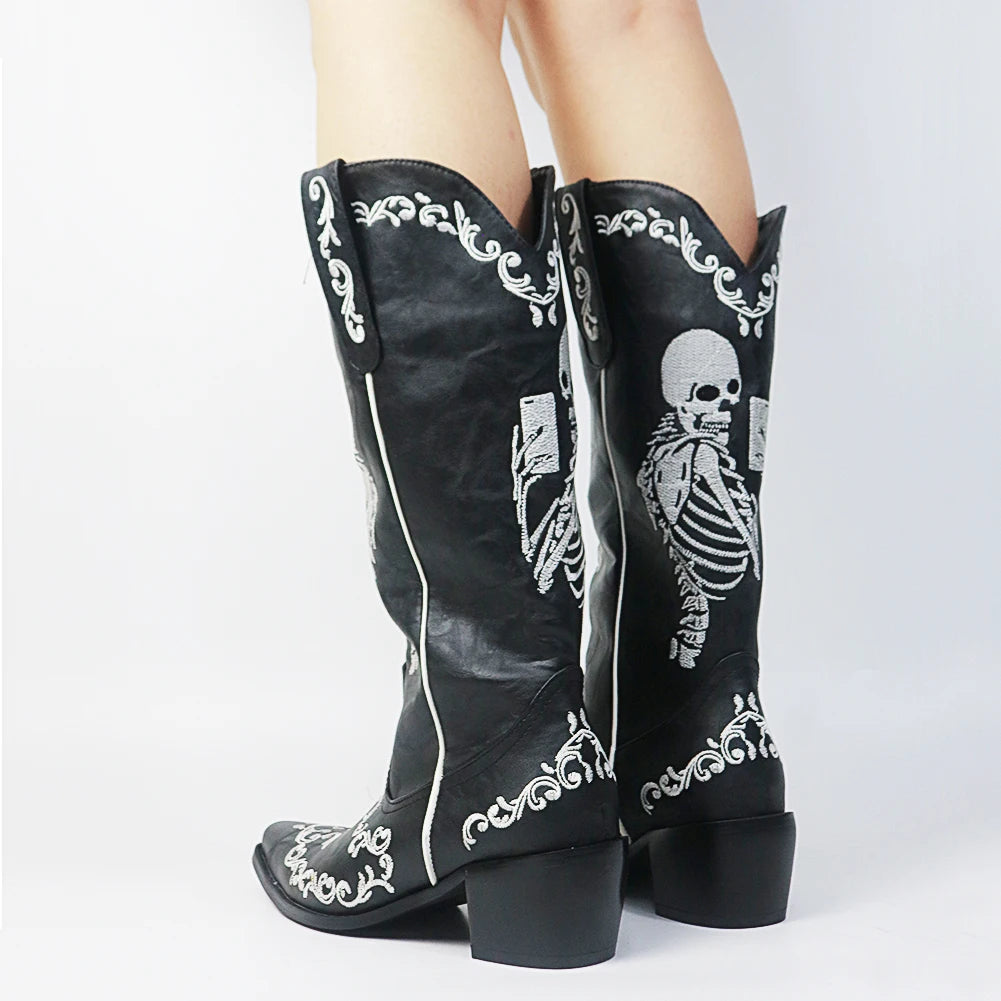 Women Skull Skeleton Selfie Cowboy Western Mid Calf Boots Pointed Toe Slip-On Stacked Heel Goth Punk Autumn Shoes Brand Designer