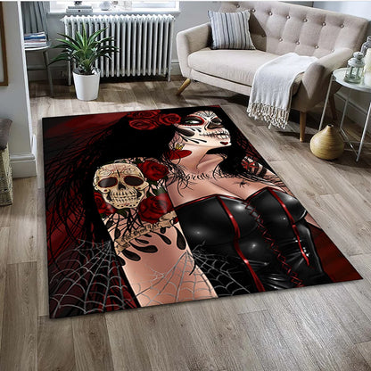 Gothic Female Skull Horror Dead Girl Area Rug,Carpet for Home Living Room Bedroom Sofa Doormat Decor,kids Non-slip Floor Mat 3D