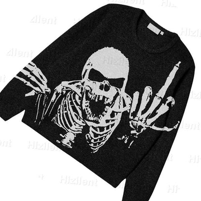 BIG PROMOTION Y2K European and American Autumn and Winter Men's Gothic Casual Black Loose Skeleton Print Vintage Knitted Sweater