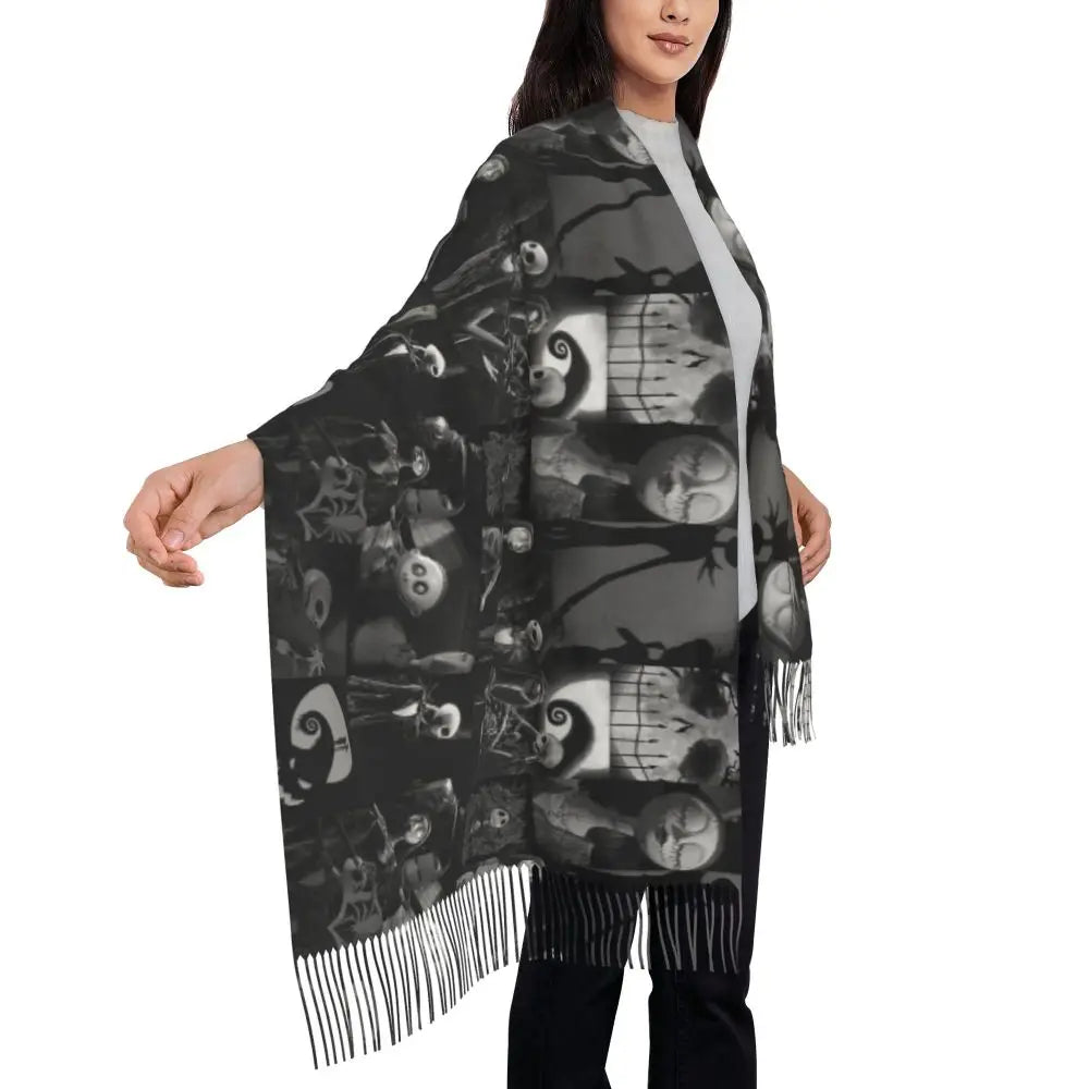 Custom Jack Skellington Sally Tassel Scarf Women Winter Fall Warm Shawls Wraps Ladies The Nightmare Before Christmas Scarves