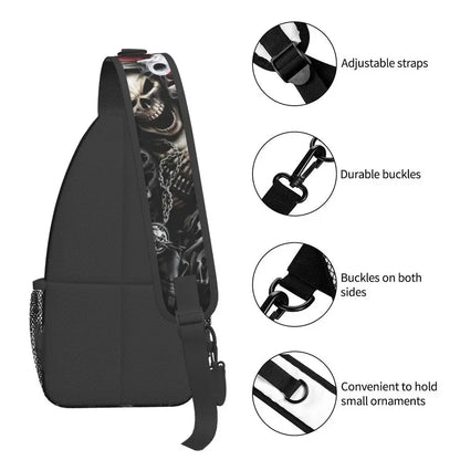 Gothic Skeleton Death Skull Sling Chest Bag Custom Crossbody Shoulder Backpack for Men Cycling Camping Daypack