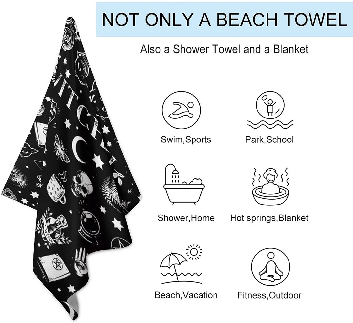 Magical Skull Cat Moon Gothic Pattern Black Beach Towel Bath Pool Camping Travel Towel Quick-Dry Super Absorbent Beach Blanket