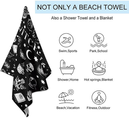 Magical Skull Cat Moon Gothic Pattern Black Beach Towel Bath Pool Camping Travel Towel Quick-Dry Super Absorbent Beach Blanket