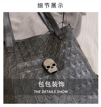 New Black Leather Tide Rivets Big Bag Printing Flower Skull Shoulder Bag Handbag Fashion Leisure Women's Bags