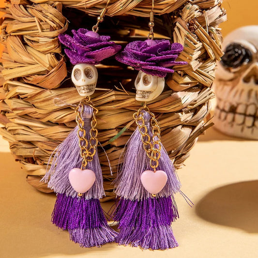 Funny Ethnic Flower Skull Drop Earrings for Women Creative Gothic Punk Long Tassel Earring Halloween Party Festival Jewelry Gift