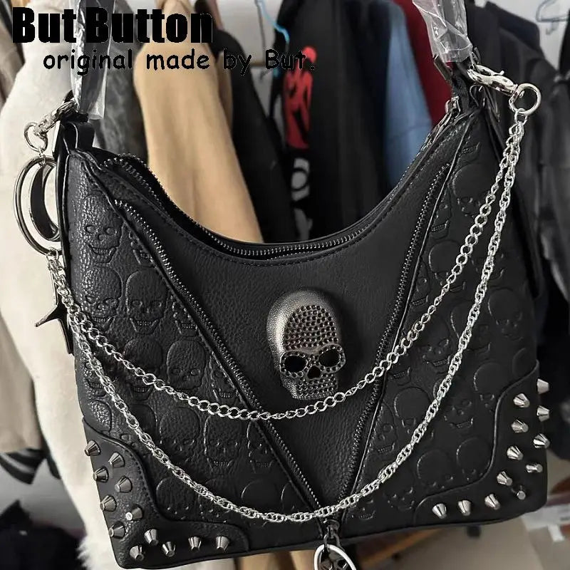 Y2K Gothic Punk Women's Girls Two Shoulder Rivet Chain Skull Cool Handbag Harajuku Bags Tote retro skull single shoulder Bag