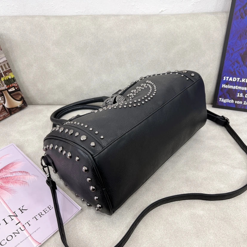 JIEROTYX Trendy Metal Skull Studded Black Handbags Gothic Rivet Womens Purse Satchel Handbag Shoulder Bags Large Capacity