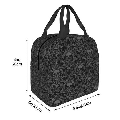 Vintage Halloween Gothic Black Skull Damask Lunch Bag Portable Thermal Cooler Insulated Bento Box For Women Kids Food Tote Bags