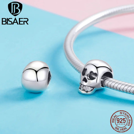 BISAER 925 Sterling Silver Rock Skull Pendant Ghost Face Charm Bead Fit Bracelets & Necklace Halloween Party DIY Fine Jewelry