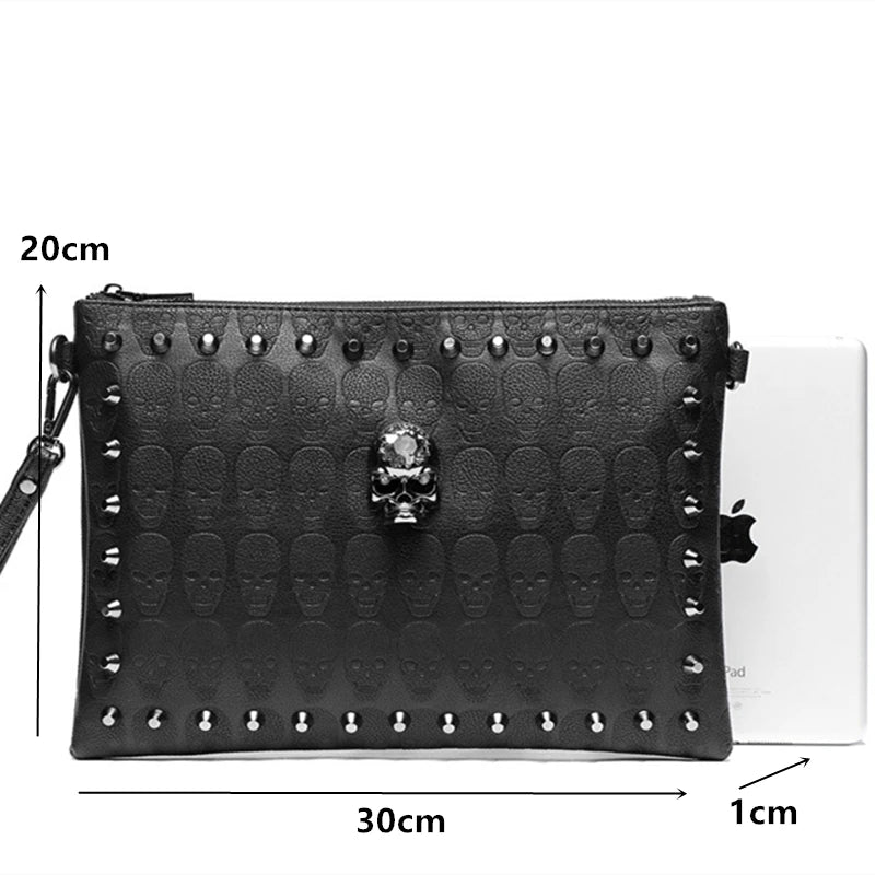 3D Skull Rivet Men's Clutches Fashion Clutch Bag Street Style Envelope Bag Skull Clutch Hand Bag Purse High Capacity Wallet Bag