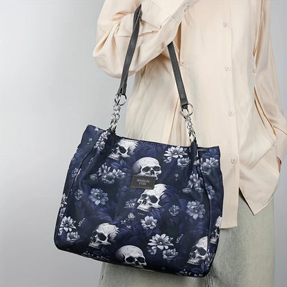 Gothic Skull Pattern Tote Bag, Large Capacity Shoulder Bag, Women's Fashion Handbag for Commute Work