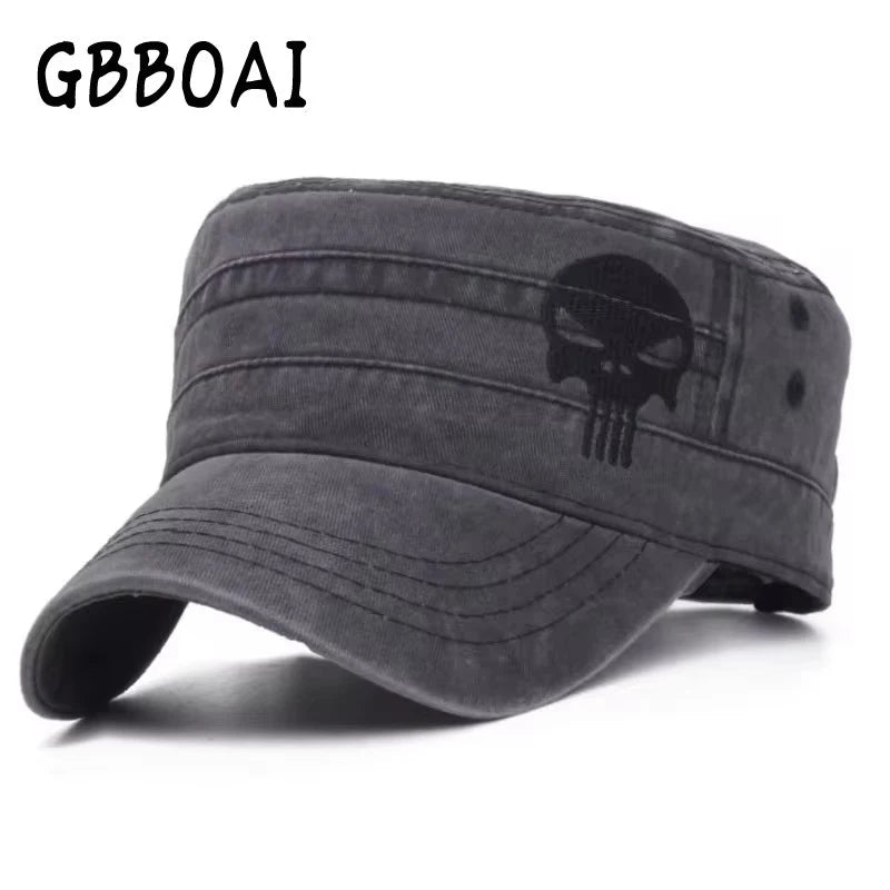 Washed Cotton Men Baseball Cap Hat Cool Embroidered Skull Flat Top Military Cap Outdoor Casual Dad Hats