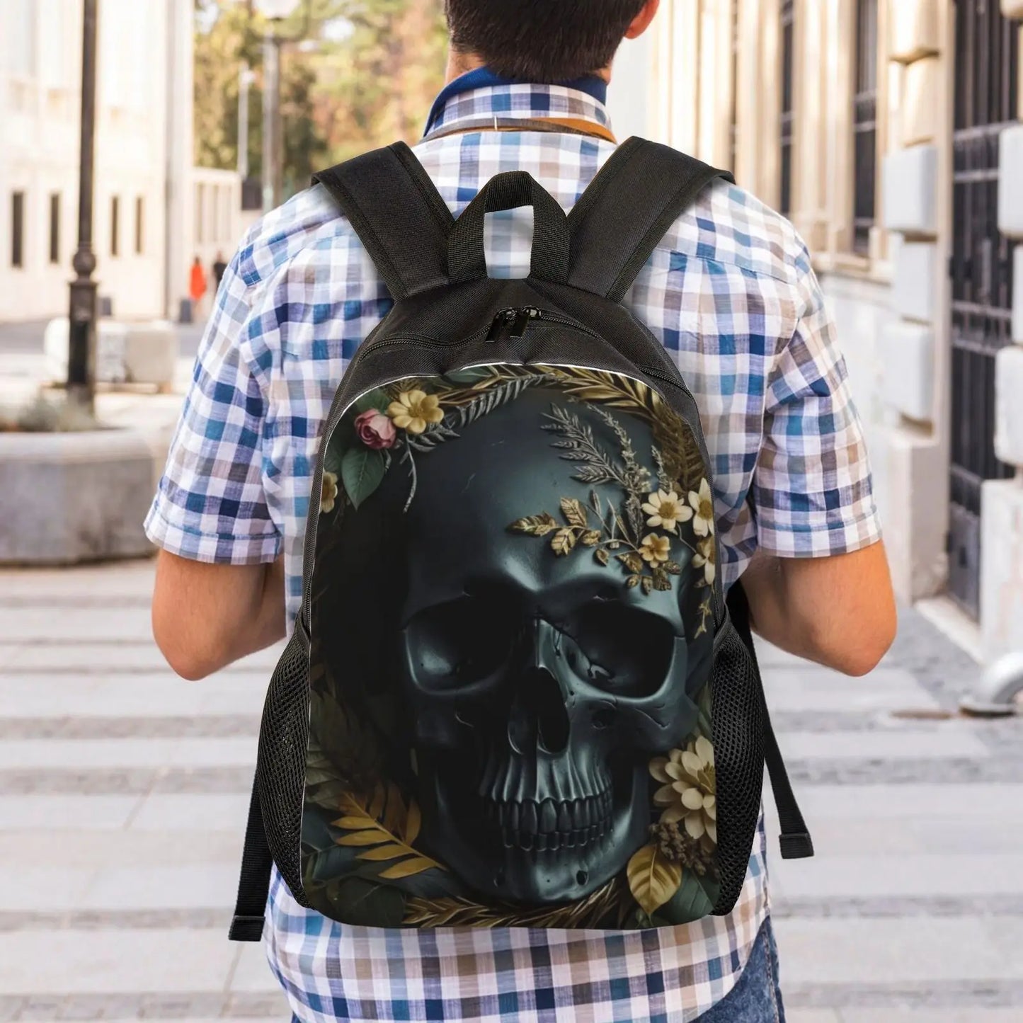 Lightweight Skull Print Adjustable Backpack- Suitable for casual student travel and daily use for both men and women