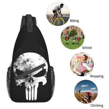 Vintage Skeleton Punishers Skull Crossbody Sling Backpack Men Custom Chest Shoulder Bag for Cycling Camping Daypack