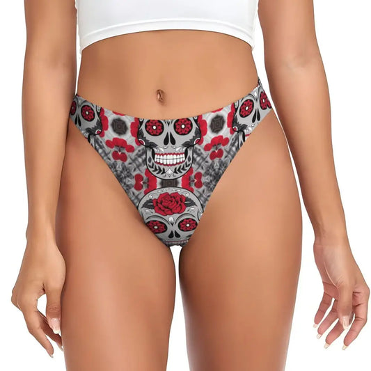 Custom Women's Catholic Sugar Skull Pattern G-string Thongs Female Breathable Day of the Dead Gothic Panties Underwear