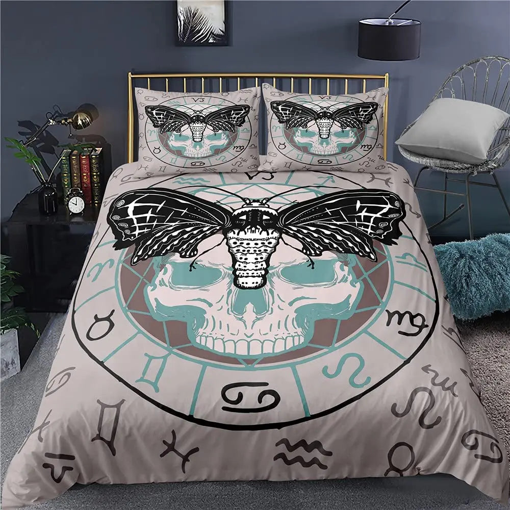 Death Moth Duvet Cover Set King Queen Full Twin Size Galaxy Sun and Moon Polyester Comforter Cover Boho Gothic Skull Bedding Set