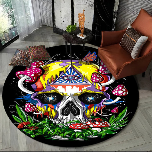 3D Smoke Maple Weed Plants Green Death Skull Round Carpet Rug for Living Room Bedroom Kids Decor,Pet Area Rug Non-slip Floor Mat