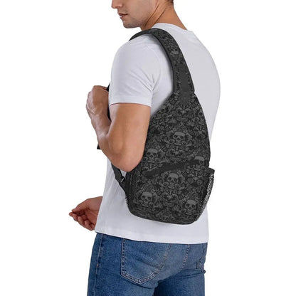 Custom Vintage Halloween Gothic Black Skull Damask Sling Chest Bag Shoulder Crossbody Backpack for Men Cycling Camping Daypack