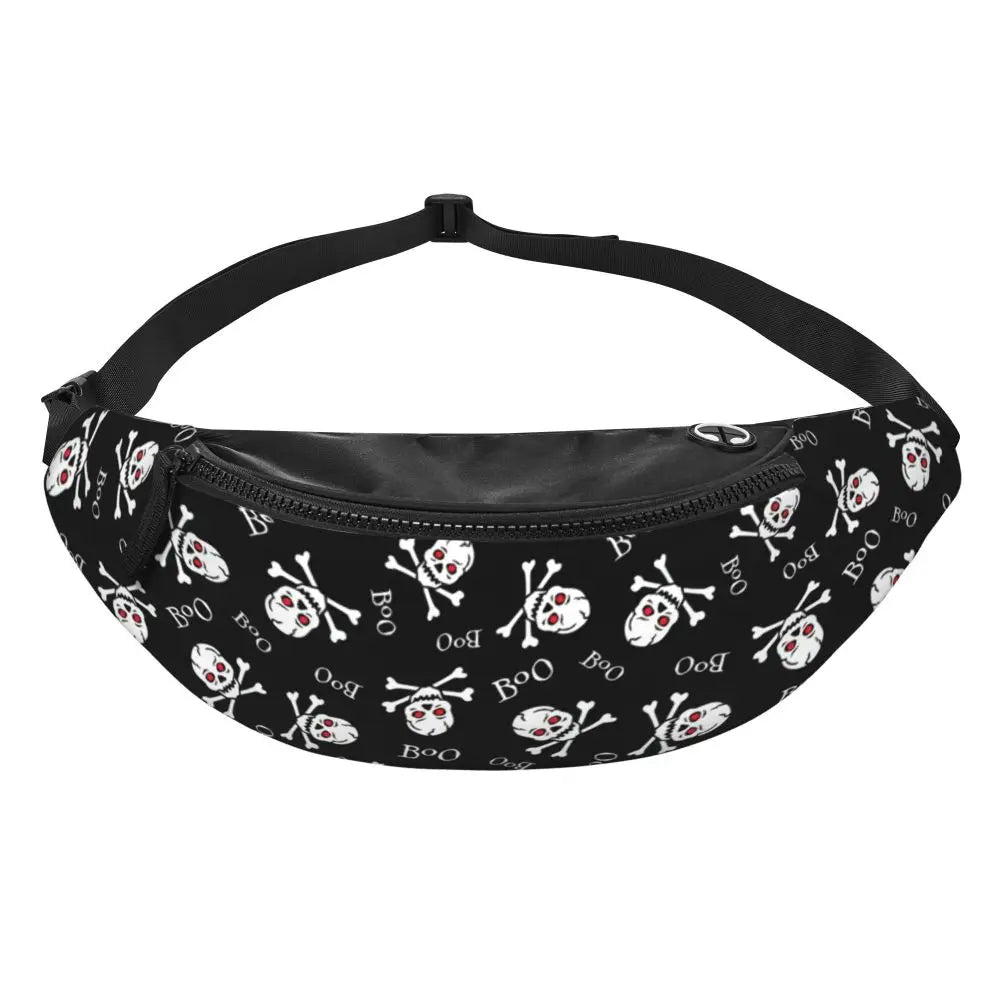 Gothic Skull Flower Fanny Pack Women Men Custom Goth Halloween Crossbody Waist Bag for Cycling Camping Phone Money Pouch