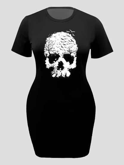 Women's plus size summer skull print short sleeved round neck slim fit casual T-shirt dress Casual Sexy Dress Loose Kawaii Dress