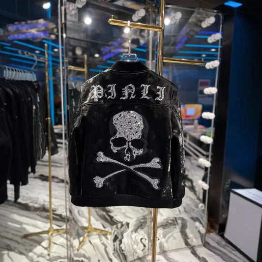 Black Metal Skull Rhinestones PU Leather Jacket Men High Street Streetwear Mens Jackets and Coats Chaqueta