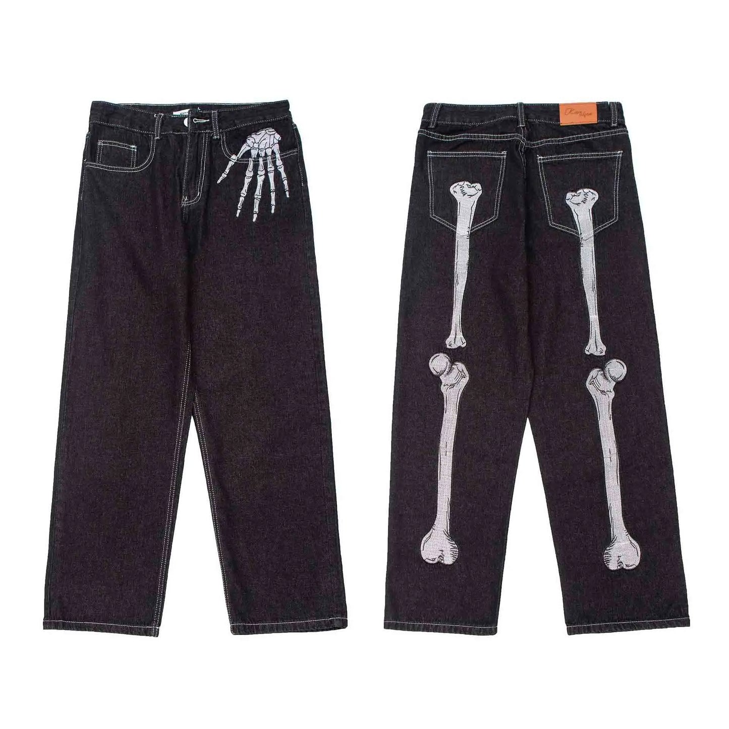 Hip Hop Jeans Dark Black Skeleton Embroidery Jeans Gothic Loose Wide Leg Straight Leg Trousers Grunge Clothes