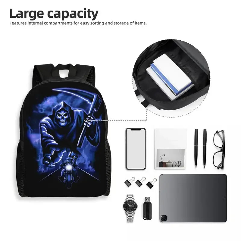 Lucifer Grim Reaper Laptop Backpack Women Men Casual Bookbag for College School Students Halloween Scary Skull Bag