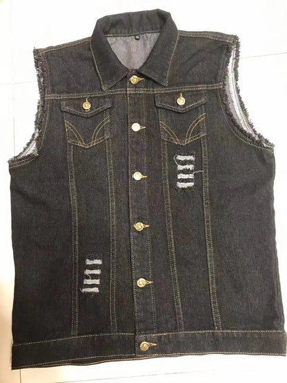 Men's Motorcycle Biker Vest Strawhat Pirates Skull Print Distressed Hole Punk Sleevless Denim Jacket Black Streetwear Waistcoat