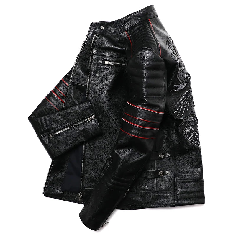 New Embroidery Skull Fashion Genuine Leather Jacket Men's Natural Cowhide Motorcycle Jacket Slim Moto Coat Size S-6XL